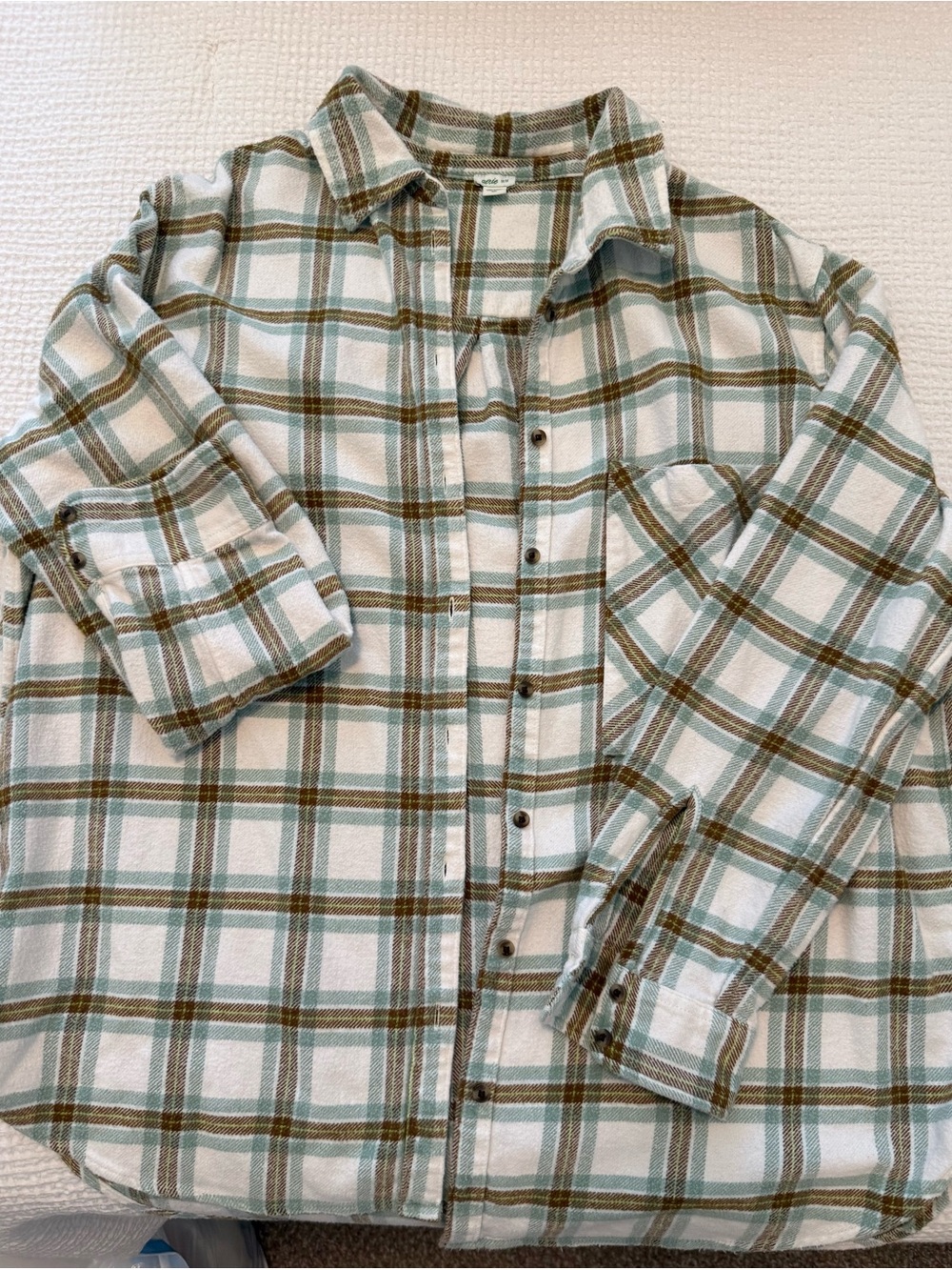 aerie Women's Plaid Button-Down Shirt in White, Green, and Brown